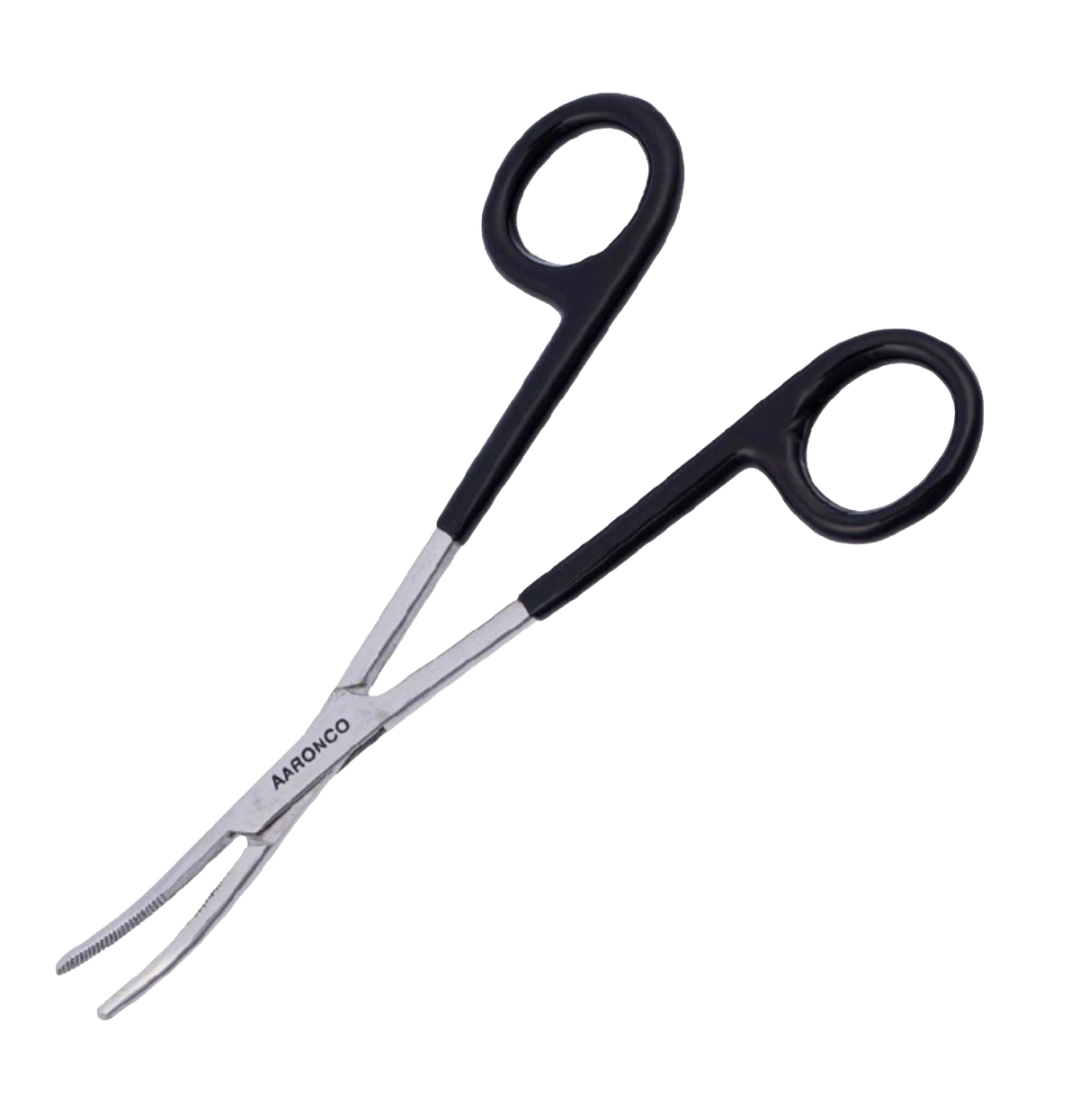 Aaronco 5.5"" Hairmostat Ear Hair Puller and Tick Remover","Silver forceps with black loop handles and curved serrated tips"