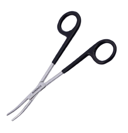 Aaronco 5.5"" Hairmostat Ear Hair Puller and Tick Remover","Silver forceps with black loop handles and curved serrated tips"