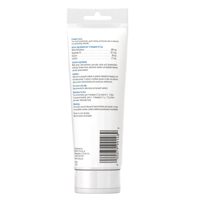 PetAg Hairball Solution Gel Supplement for Cats,"Back view of white squeeze tube with barcode and cap"