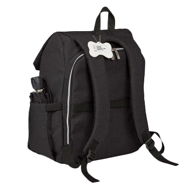Ultimate Week Away Backpack,"Black backpack shown from back with shoulder straps and side pocket"