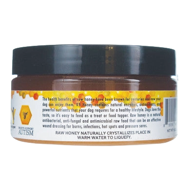 K9 Honey,"Amber honey jar with black screw-top lid"