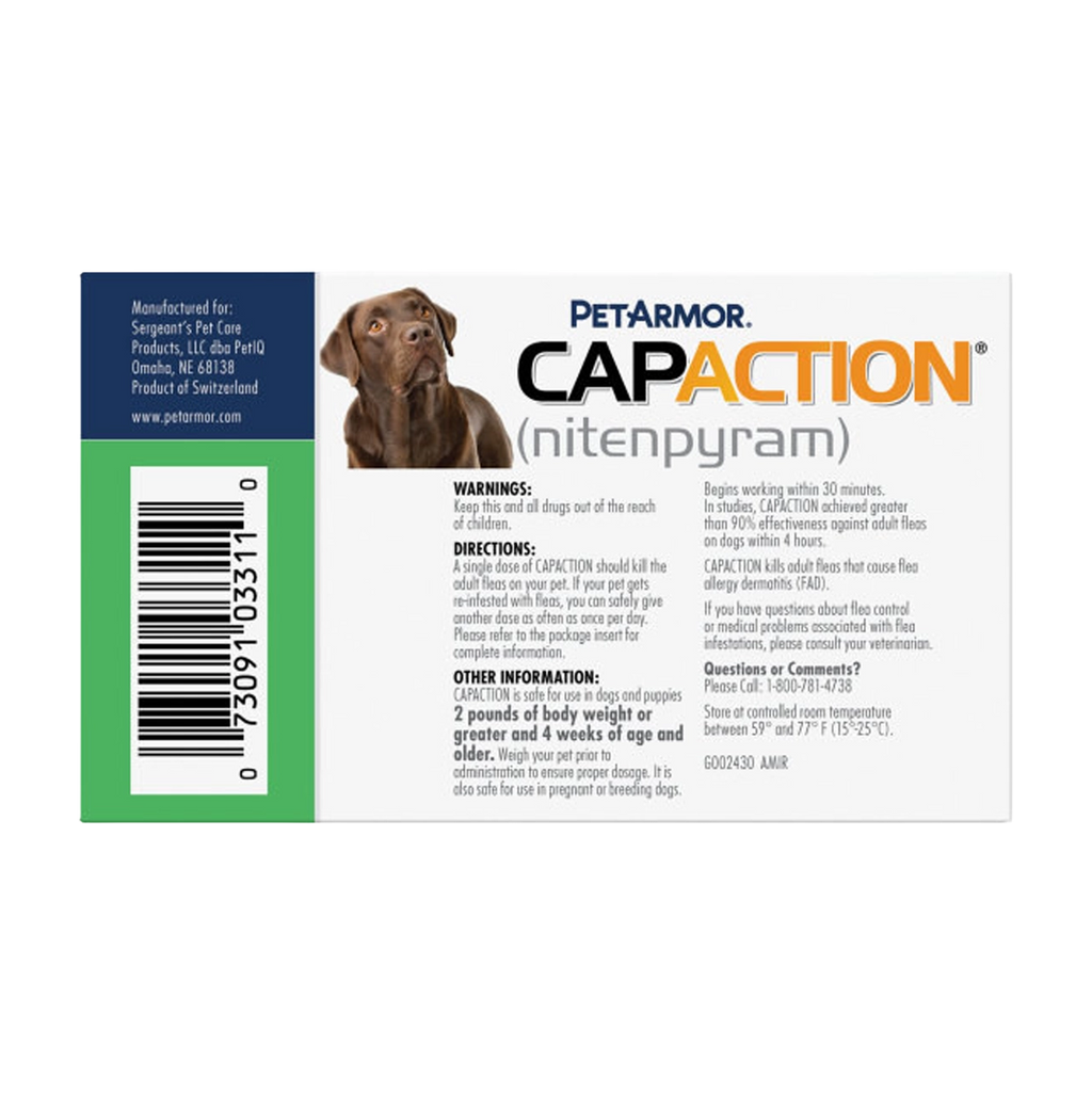 CapAction®,"Side of box with dog photo and barcode"