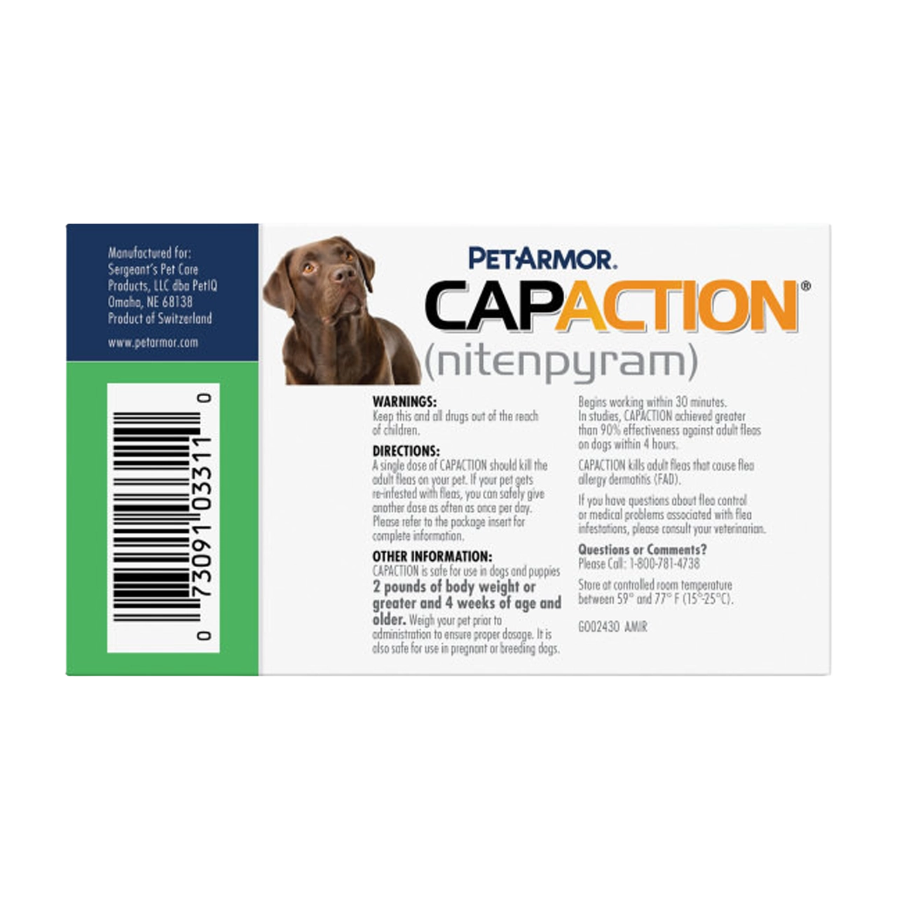 CapAction®,"Side of box with dog photo and barcode"