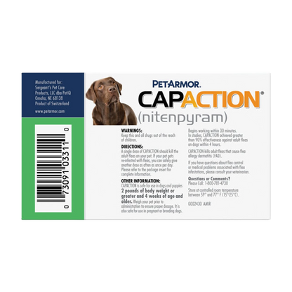 CapAction®,"Side of box with dog photo and barcode"