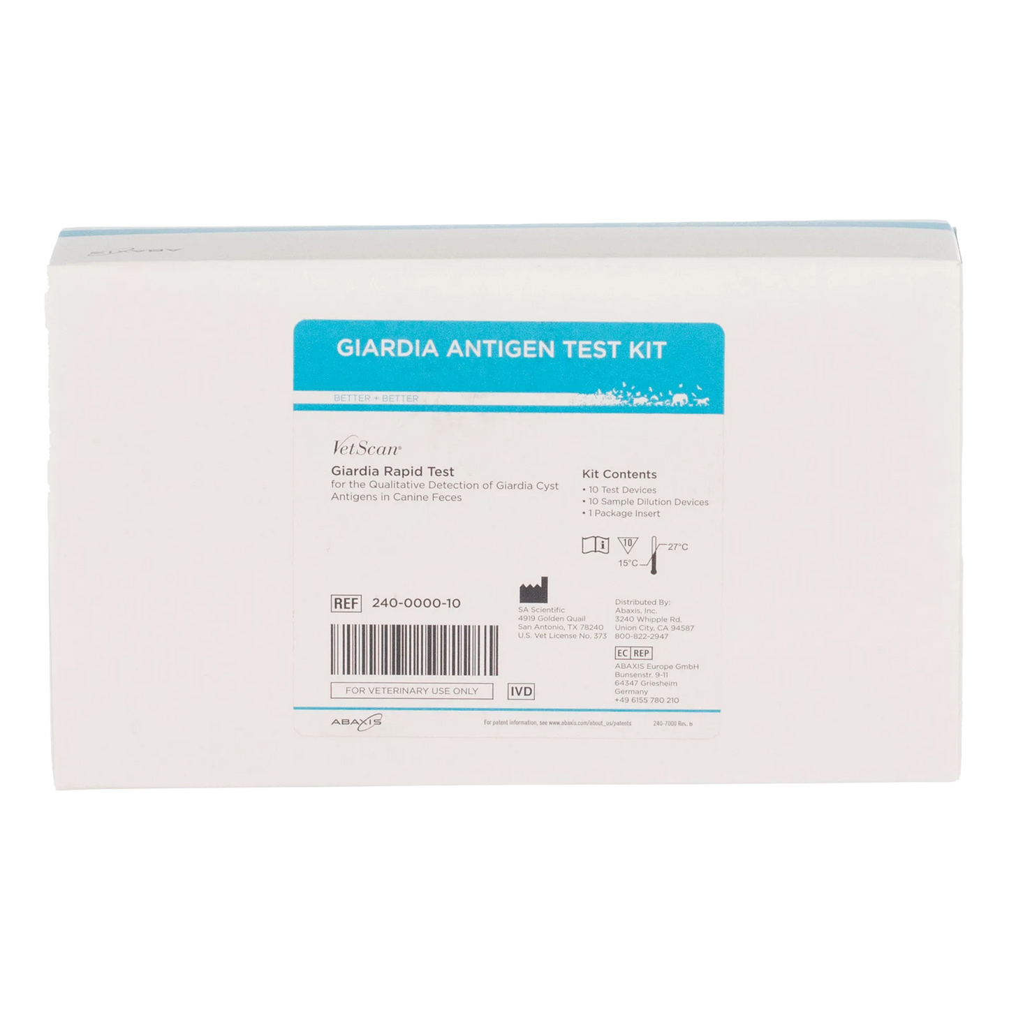 Abaxis VetScan® Giardia Rapid Test Kit,"White test kit box with blue front label"