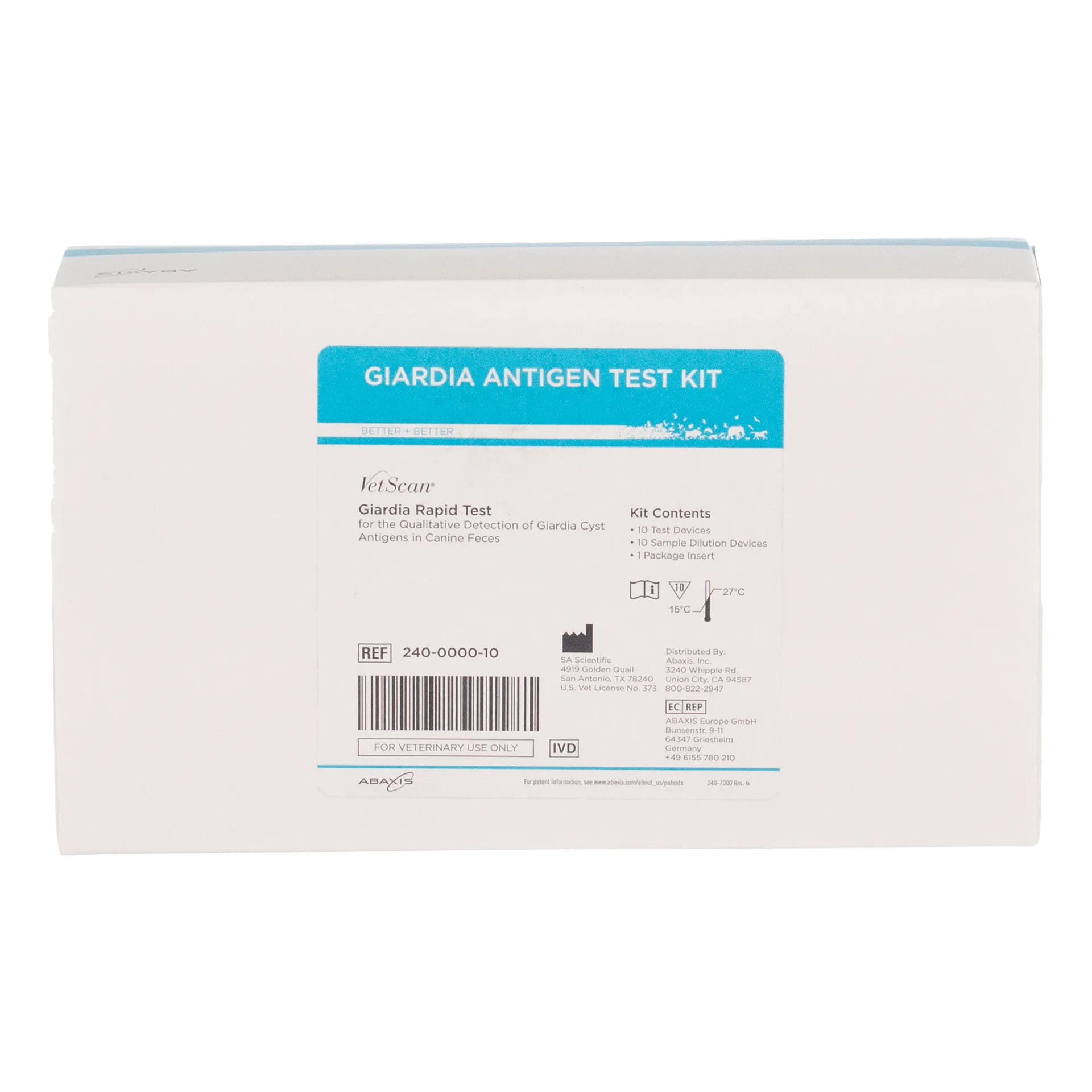 Abaxis VetScan® Giardia Rapid Test Kit,"White test kit box with blue front label"