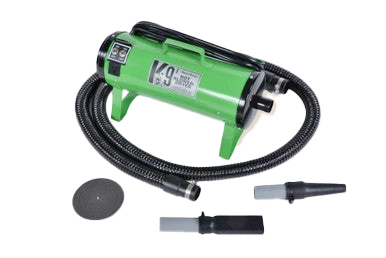K-9 I Dog Dryer,"Green dog dryer with hose and three nozzle attachments"