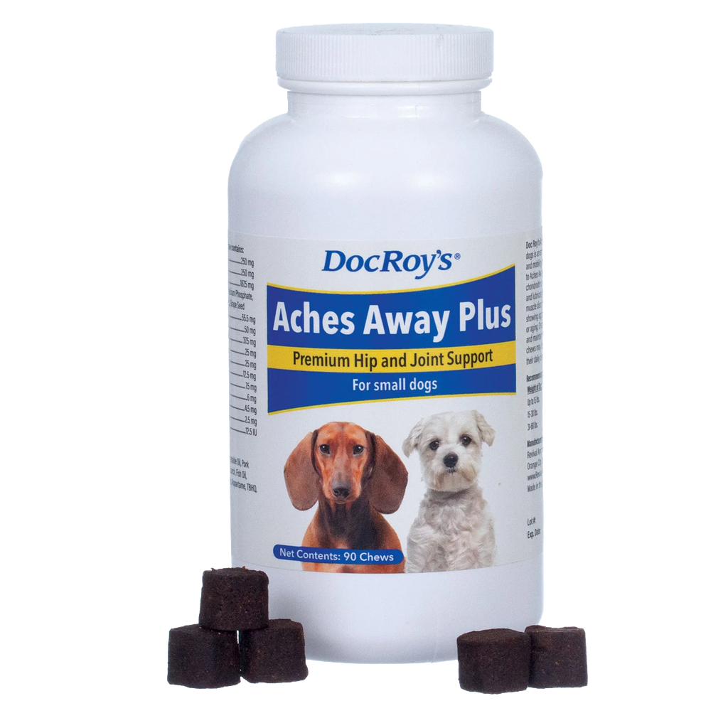 Doc Roy's® Aches Away Plus™,"White supplement bottle with dog label and dark chew cubes"