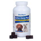 Doc Roy's® Aches Away Plus™,"White supplement bottle with dog label and dark chew cubes"