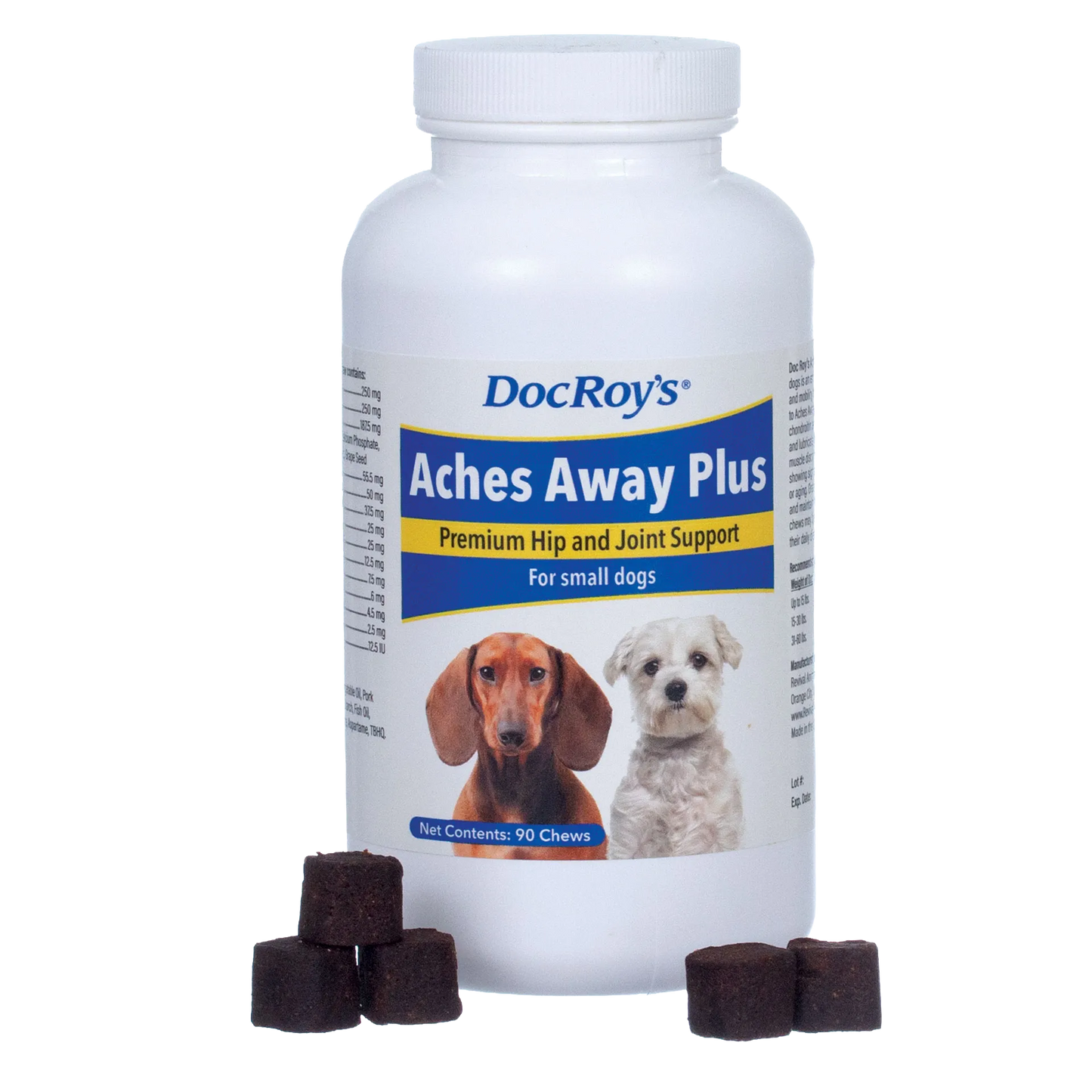 Doc Roy's® Aches Away Plus™,"White supplement bottle with dog label and dark chew cubes"