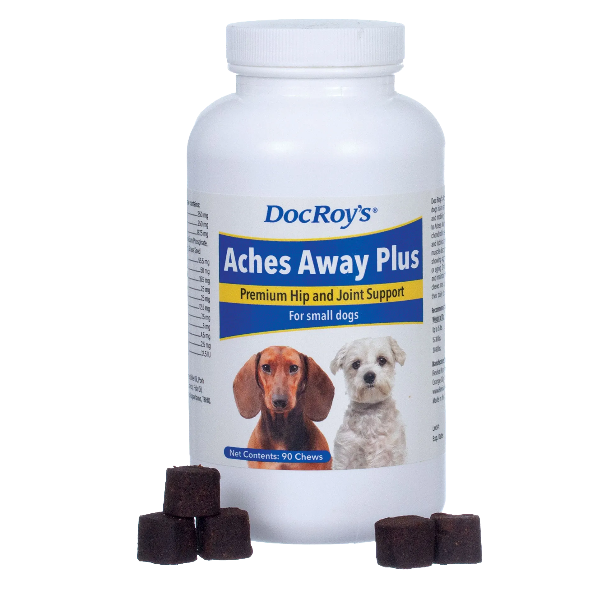 Doc Roy's® Aches Away Plus™,"White supplement bottle with dog label and dark chew cubes"
