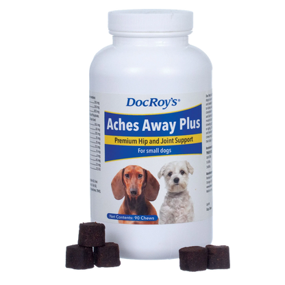 Doc Roy's® Aches Away Plus™,"White supplement bottle with dog label and dark chew cubes"