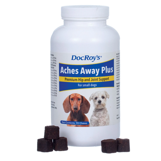 Doc Roy's® Aches Away Plus™,"White supplement bottle with dog label and dark chew cubes"