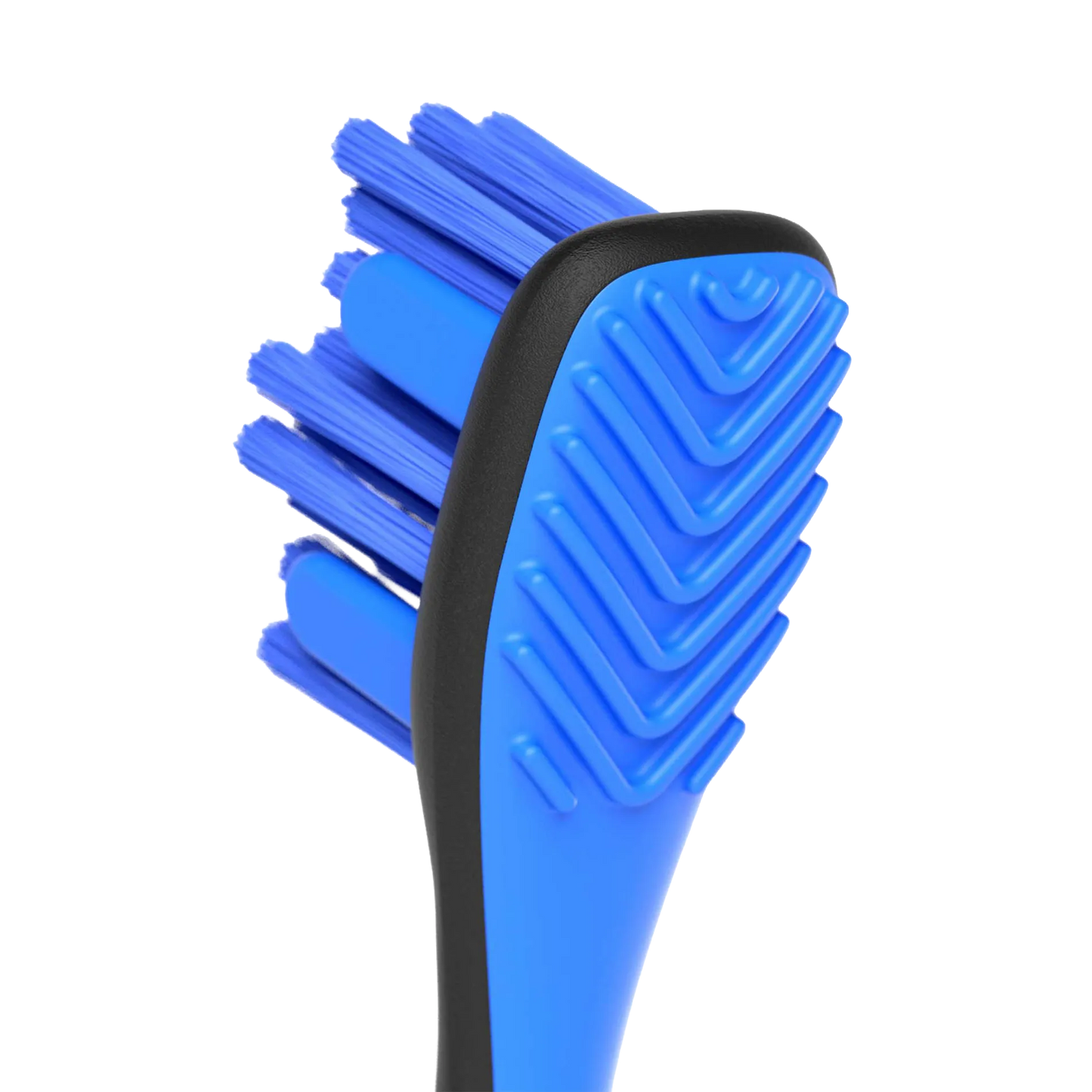 BrushMate Premium Toothbrush,"Close-up of blue toothbrush head with textured back"