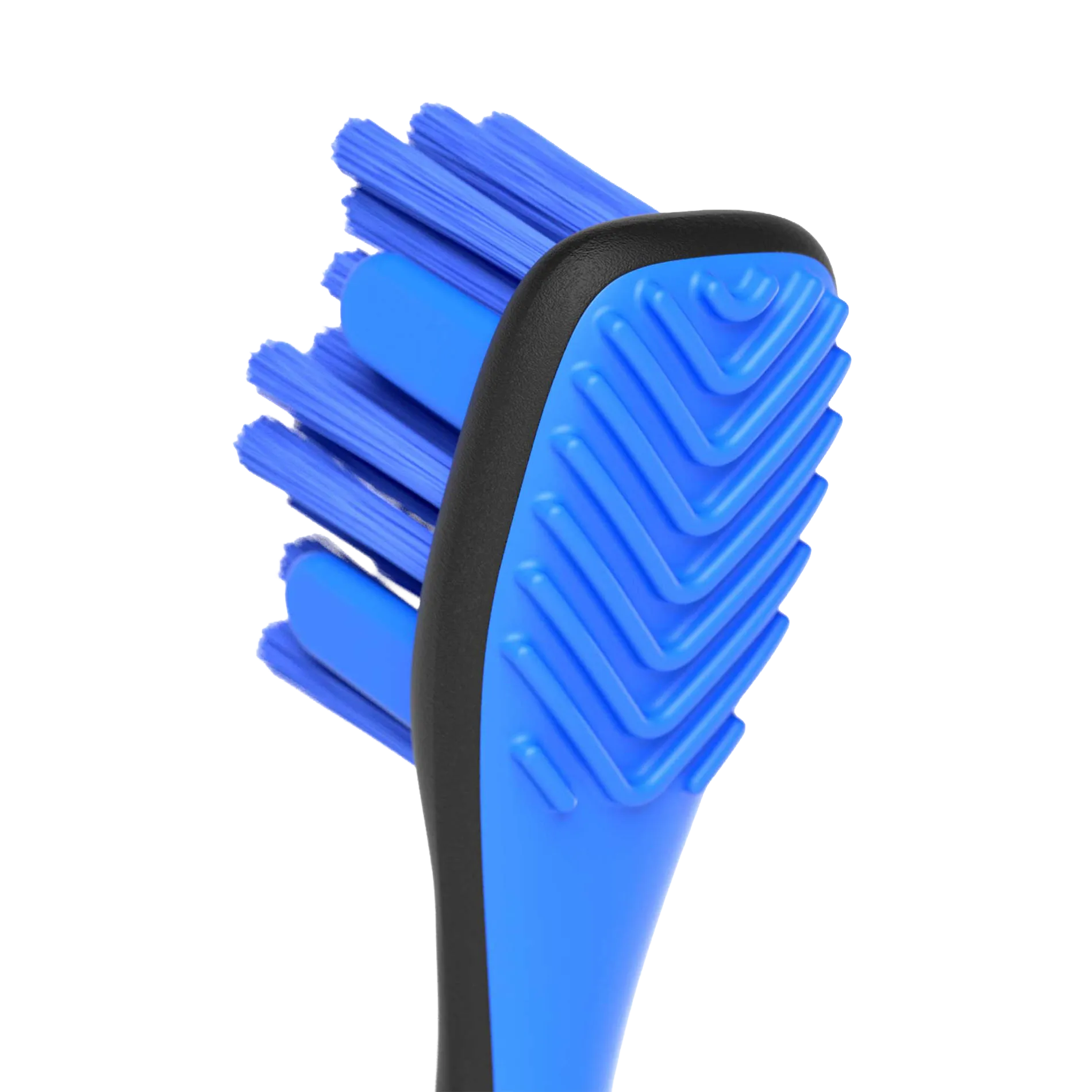 BrushMate Premium Toothbrush,"Close-up of blue toothbrush head with textured back"
