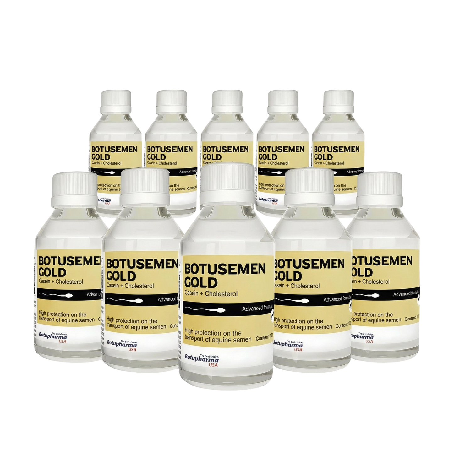 BotuSemen Gold,"Group of nine labeled bottles with white caps"