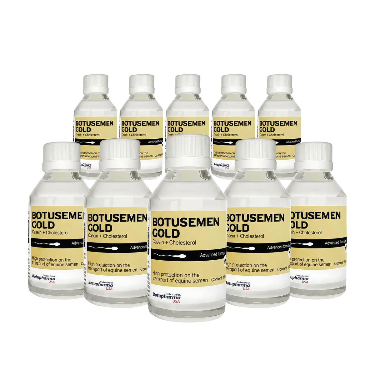 BotuSemen Gold,"Group of nine labeled bottles with white caps"