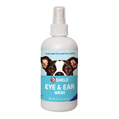 Eye & Ear Wash Spray by Shield,"White spray bottle with blue label and dog face graphic"