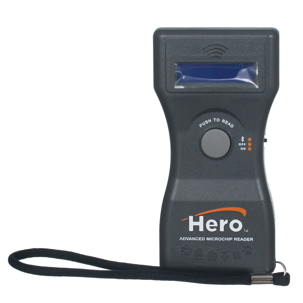Hero™ Universal Microchip Scanner,"Black handheld scanner with screen and wrist strap"
