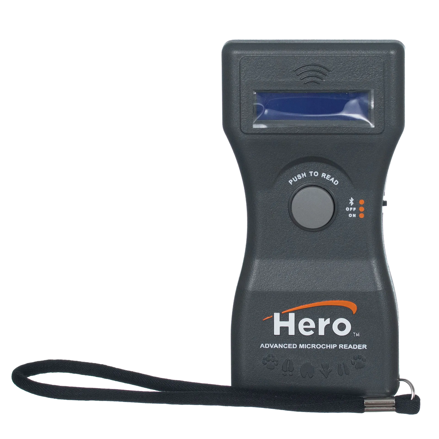 Hero™ Universal Microchip Scanner,"Black handheld scanner with screen and wrist strap"