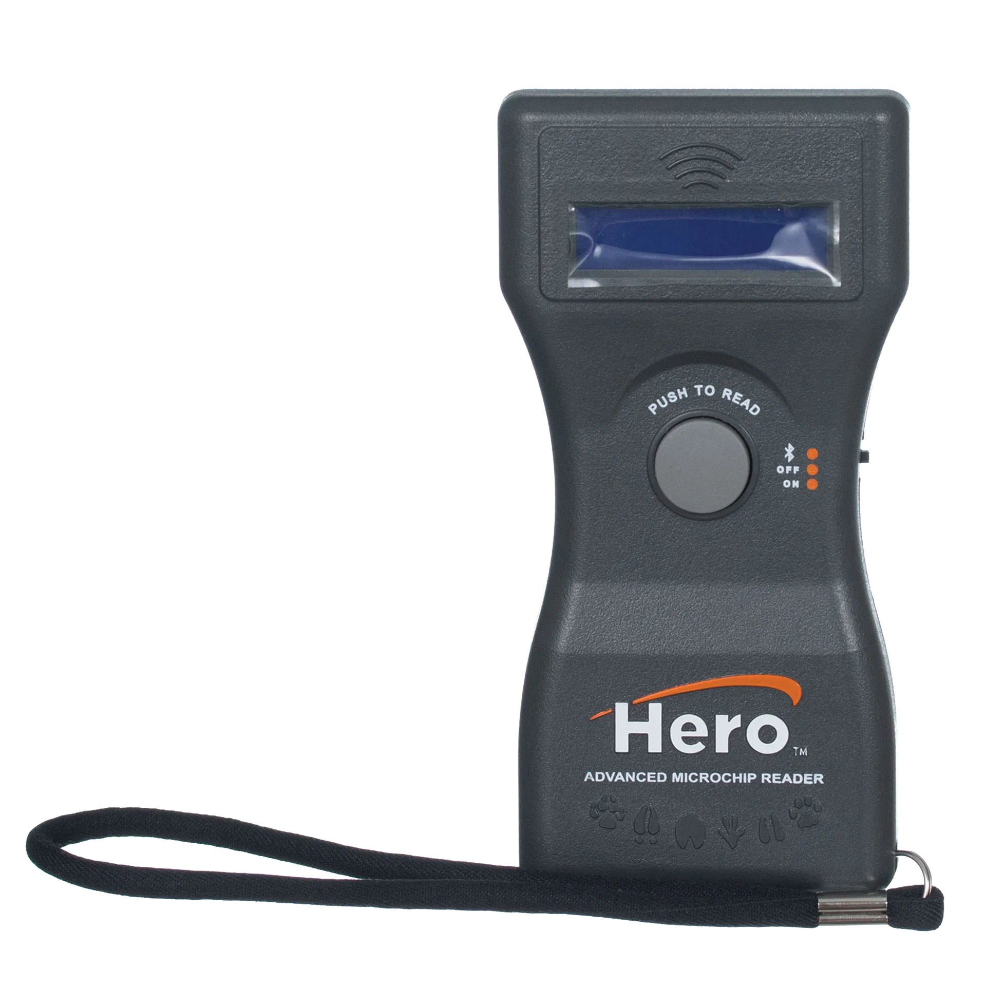 Hero™ Universal Microchip Scanner,"Black handheld scanner with screen and wrist strap"