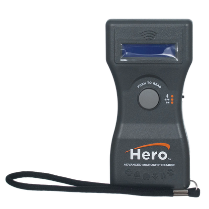 Hero™ Universal Microchip Scanner,"Black handheld scanner with screen and wrist strap"