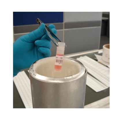 Lab Label Printer and Self-Laminating Cryogenic Polyester Labels,"Gloved hand placing labeled vial into cryogenic container"