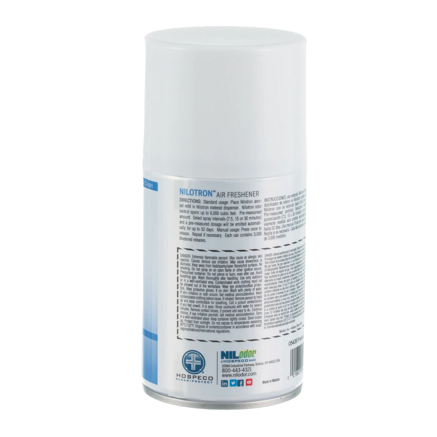 Nilodor Nilotron™ Designer Aerosols,"White aerosol can with cap, back label view"