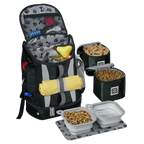 Drop Bottom Week Away Backpack,"Open pet travel backpack with food bins, bowls, and accessories"