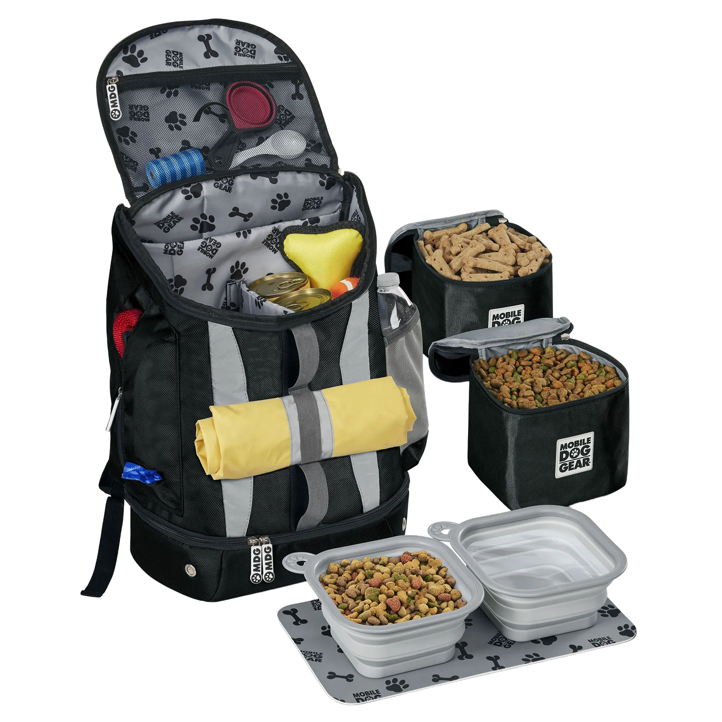Drop Bottom Week Away Backpack,"Open pet travel backpack with food bins, bowls, and accessories"