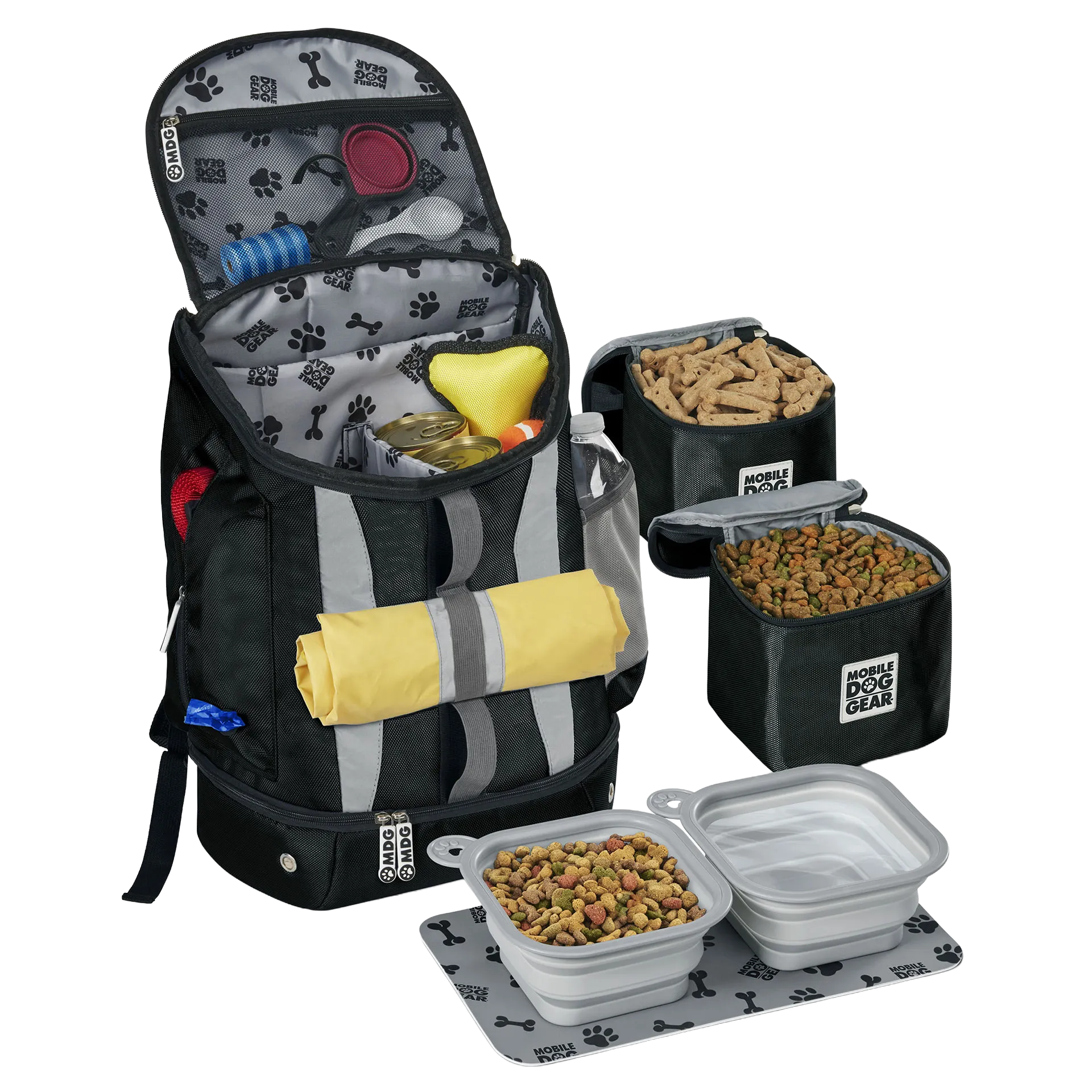 Drop Bottom Week Away Backpack,"Open pet travel backpack with food bins, bowls, and accessories"