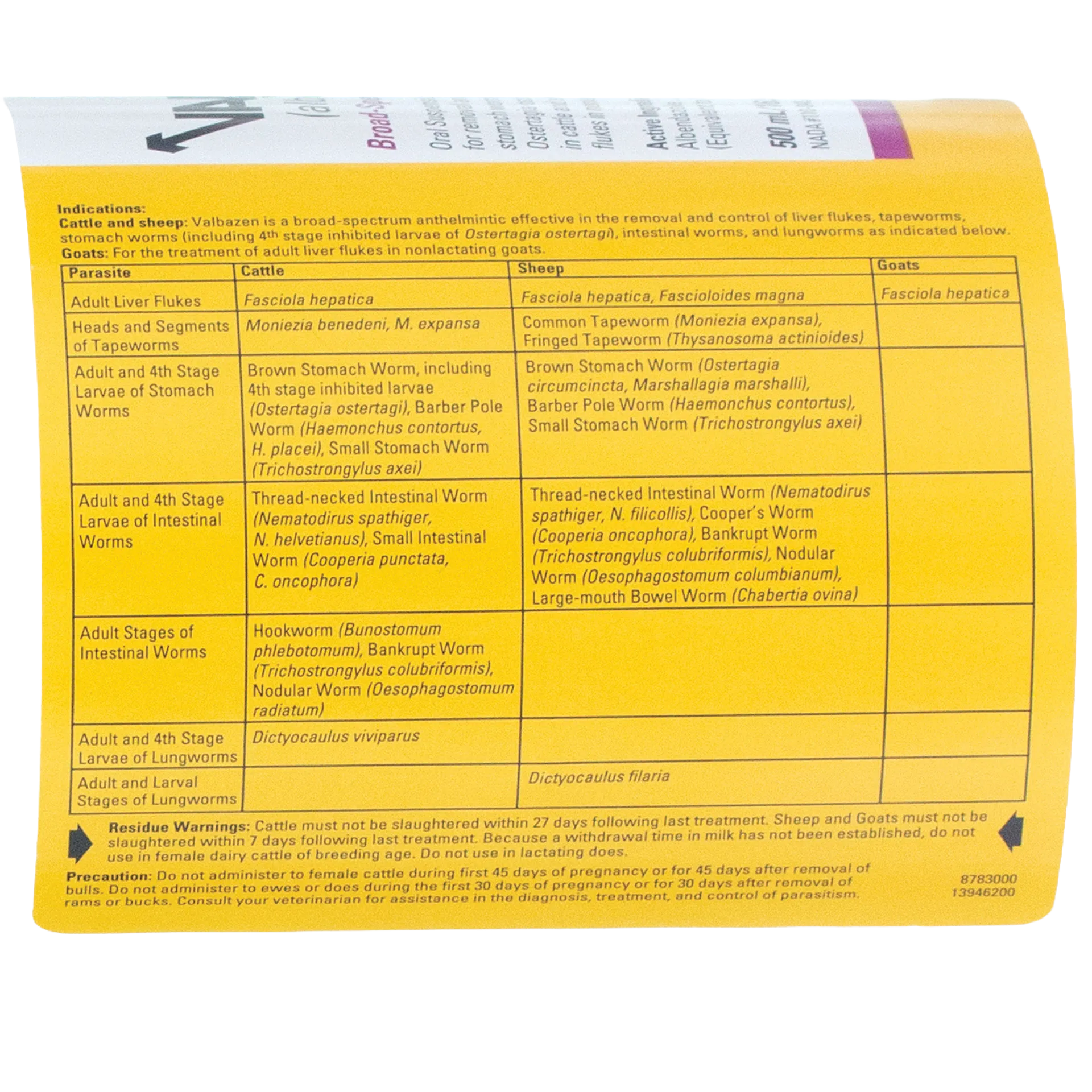 Valbazen® for Goats, Sheep, & Cattle,"Bottle back label with yellow parasite chart"