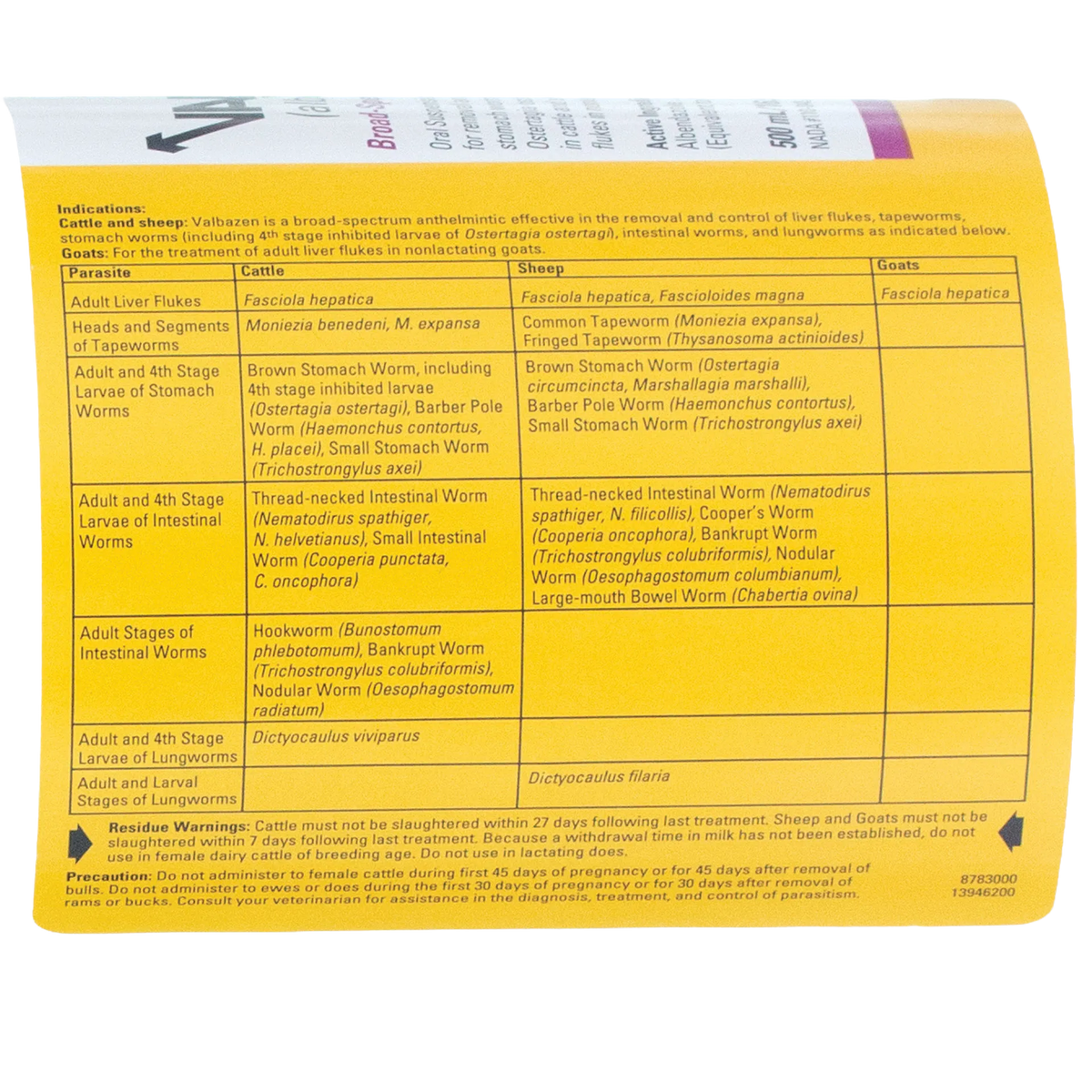 Valbazen® for Goats, Sheep, & Cattle,"Bottle back label with yellow parasite chart"