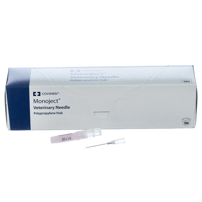 MonoJect™ Needles,"Box of needles with one capped needle and hub shown"