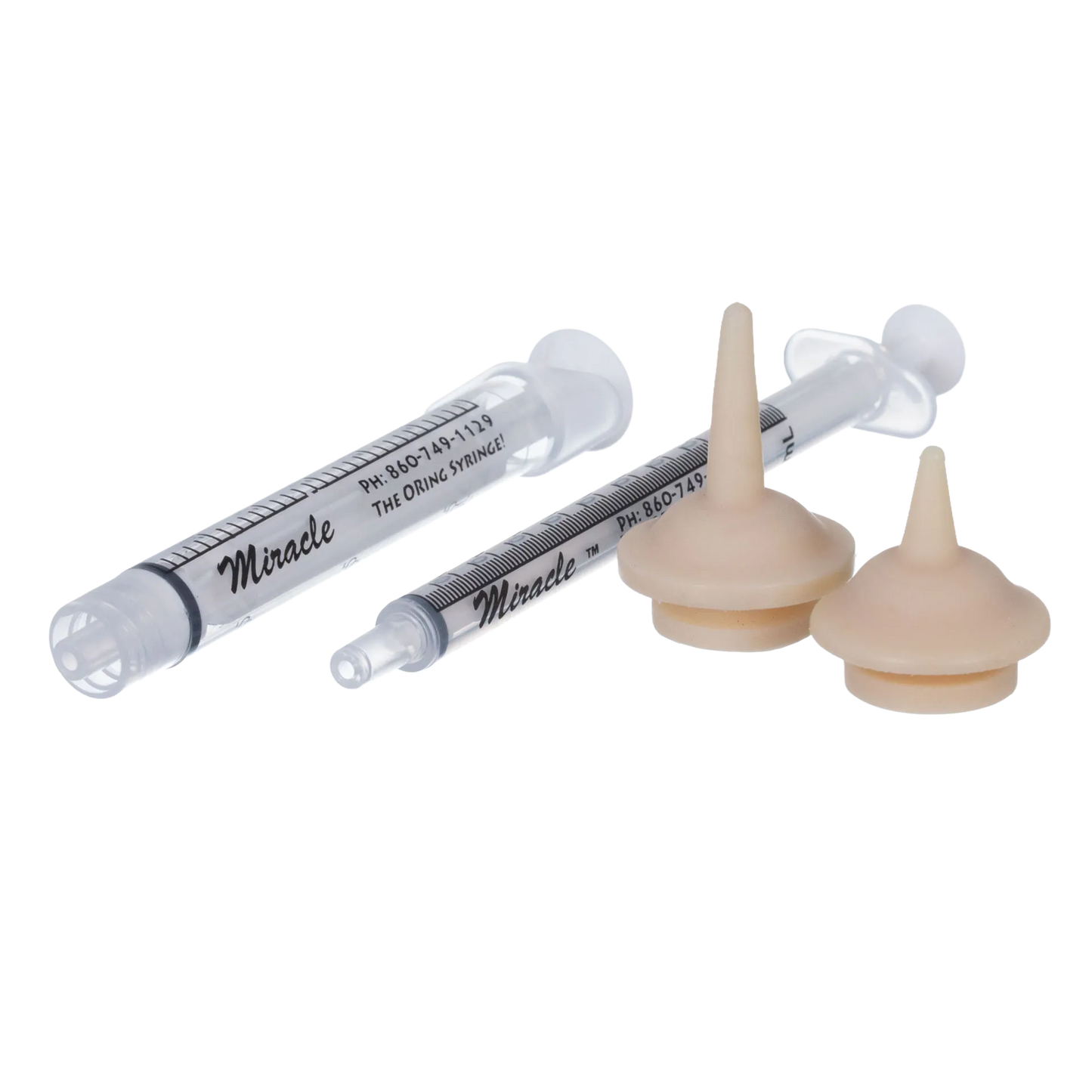 "The Miracle Nipple® for Kittens, Puppies, and Small Mammals","Two clear feeding syringes with beige silicone nipples"