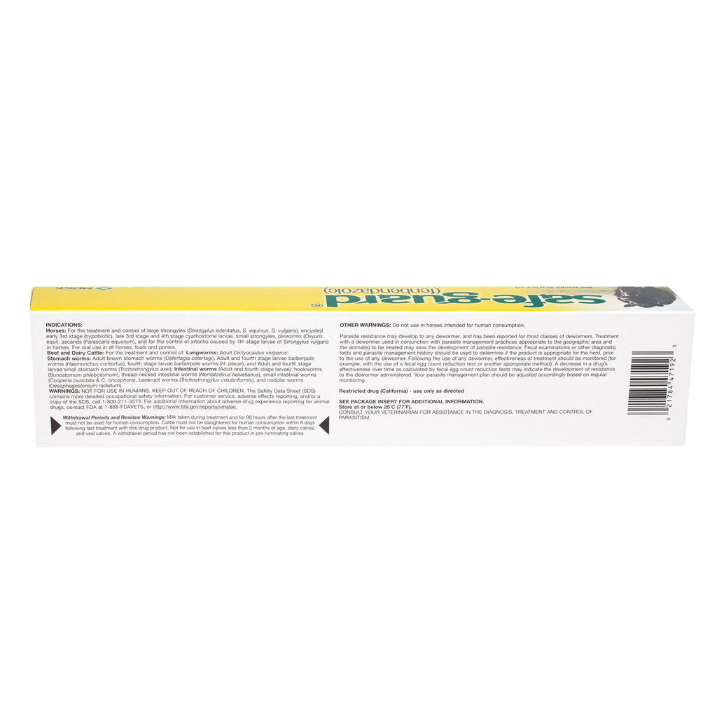 Safe-Guard® Equine Dewormer,"Long yellow carton side panel with barcode and warning text"