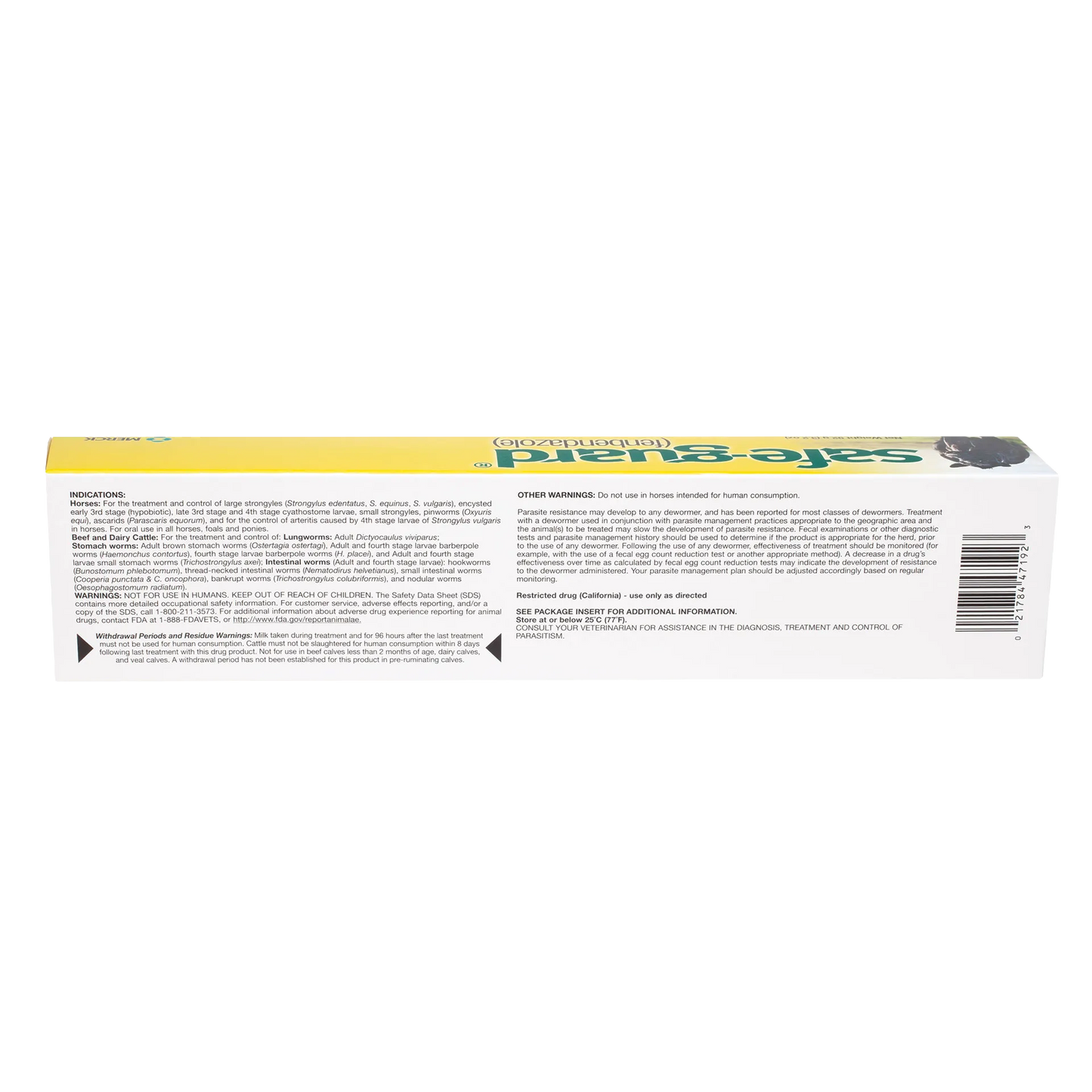 Safe-Guard® Equine Dewormer,"Long yellow carton side panel with barcode and warning text"