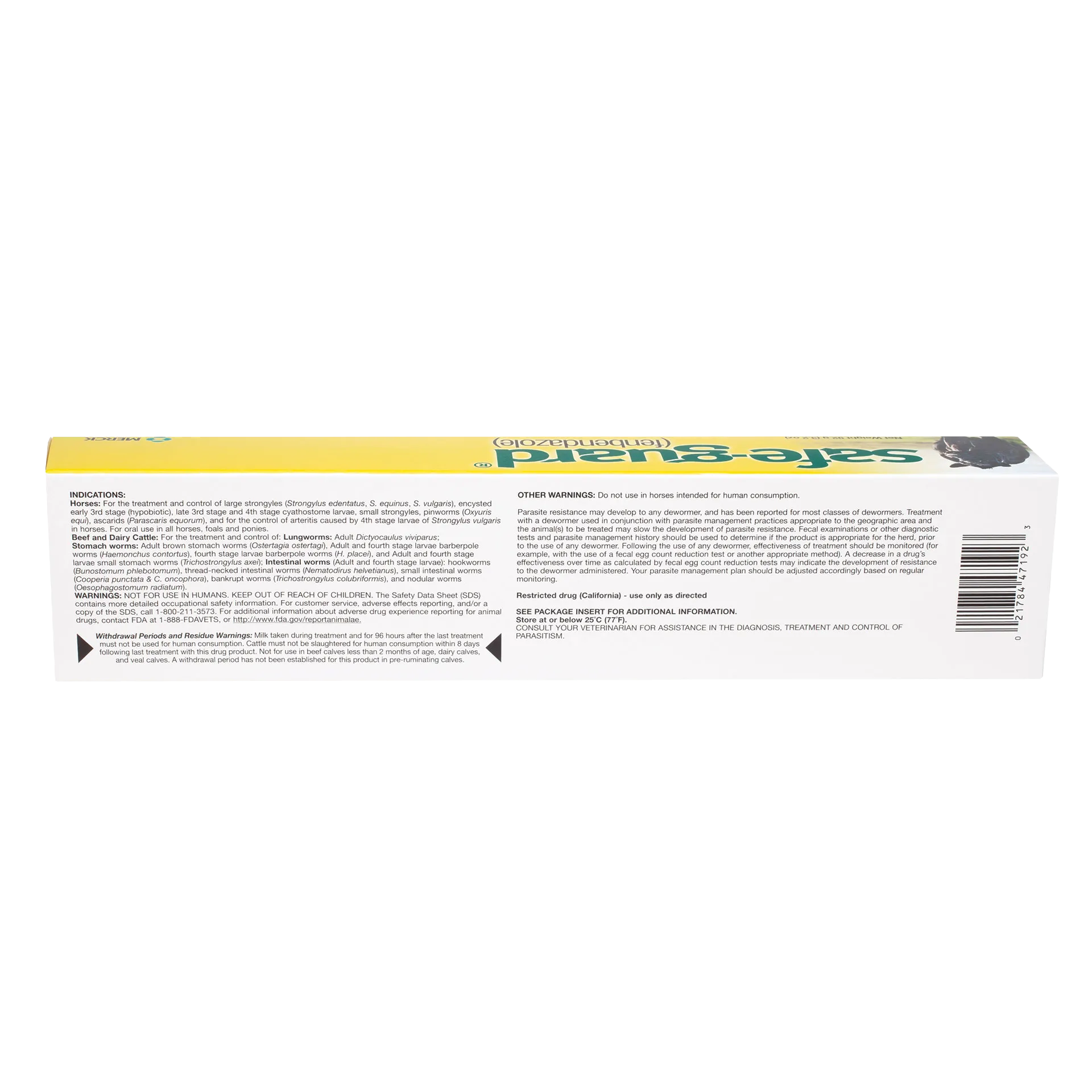 Safe-Guard® Equine Dewormer,"Long yellow carton side panel with barcode and warning text"