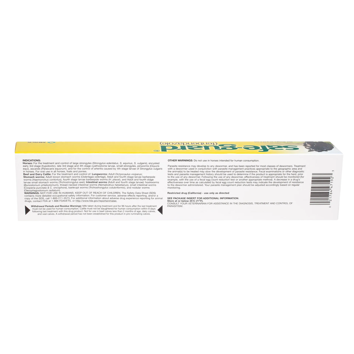 Safe-Guard® Equine Dewormer,"Long yellow carton side panel with barcode and warning text"