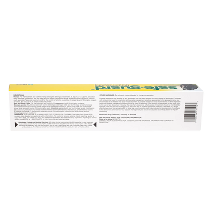 Safe-Guard® Equine Dewormer,"Long yellow carton side panel with barcode and warning text"