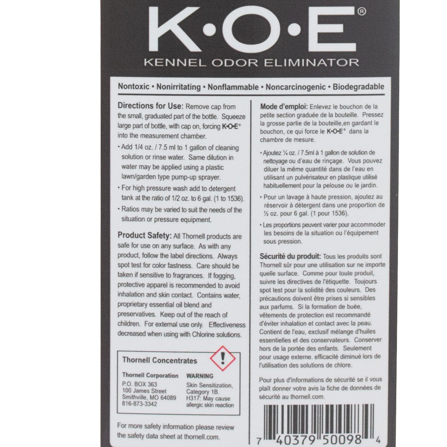 KOE® Kennel Odor Eliminator,"Back label with directions and barcode"