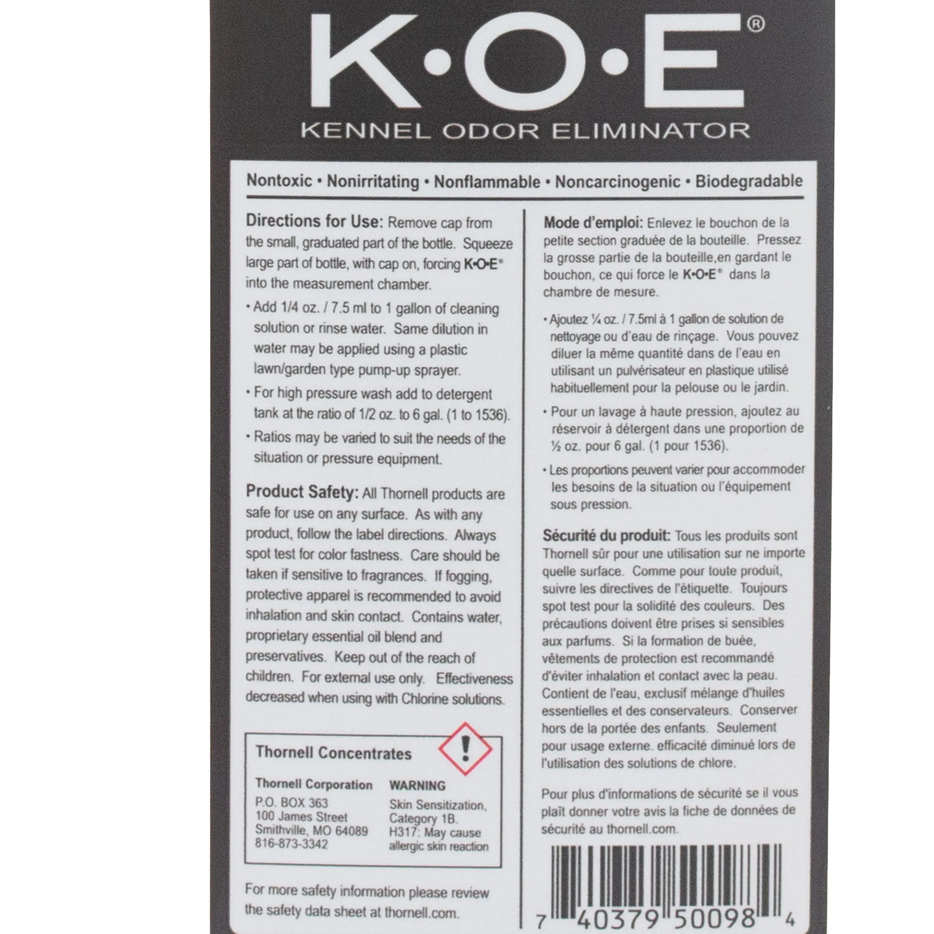 KOE® Kennel Odor Eliminator,"Back label with directions and barcode"