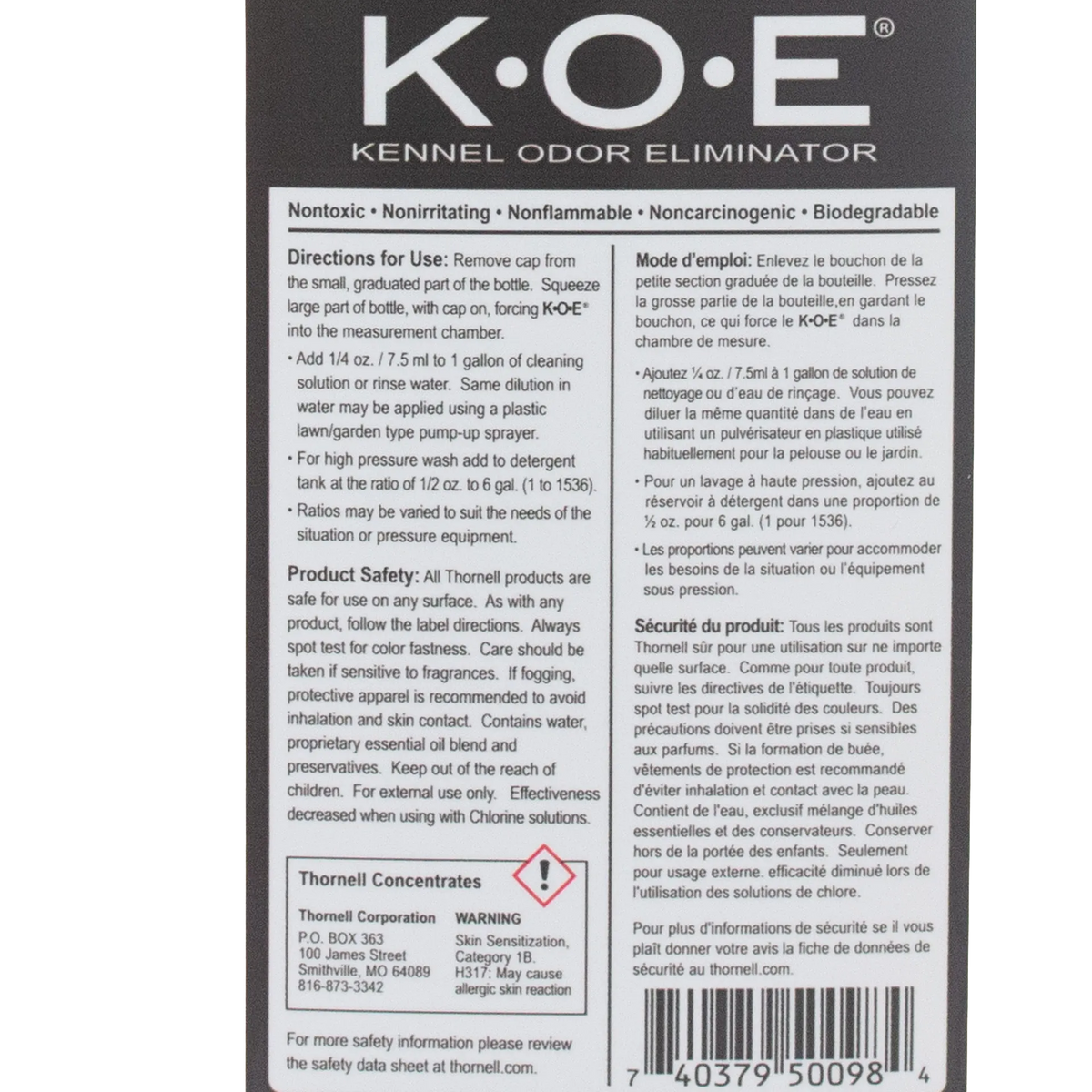KOE® Kennel Odor Eliminator,"Back label with directions and barcode"