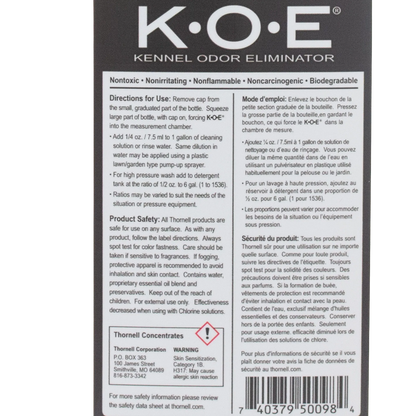KOE® Kennel Odor Eliminator,"Back label with directions and barcode"