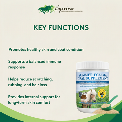 Summer Eczema,"Supplement jar with horse label and green scoop of powder"