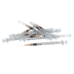 1cc VetriJec™ Syringes with 25 gauge Needles,"Clear syringes in a loose pile with orange needle caps"