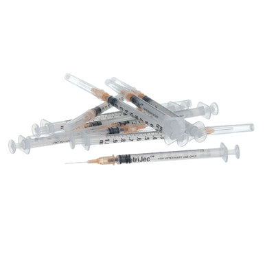 1cc VetriJec™ Syringes with 25 gauge Needles,"Clear syringes in a loose pile with orange needle caps"