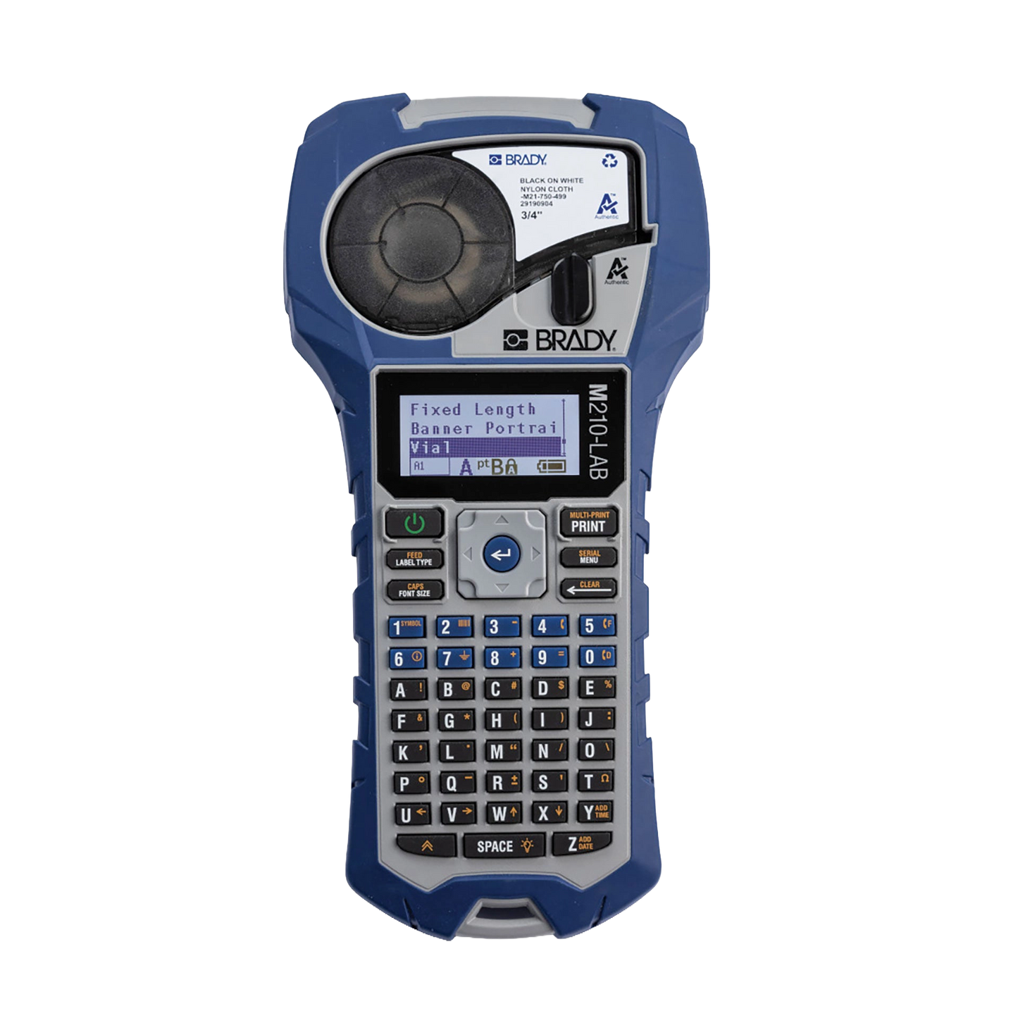Lab Label Printer and Self-Laminating Cryogenic Polyester Labels,"Blue handheld label printer with keypad and display screen"