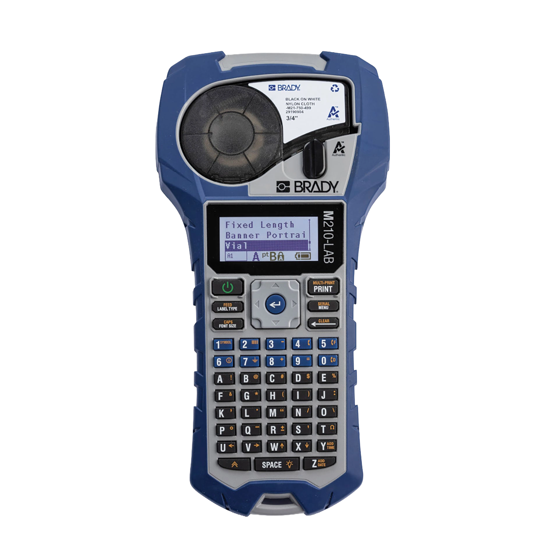 Lab Label Printer and Self-Laminating Cryogenic Polyester Labels,"Blue handheld label printer with keypad and display screen"
