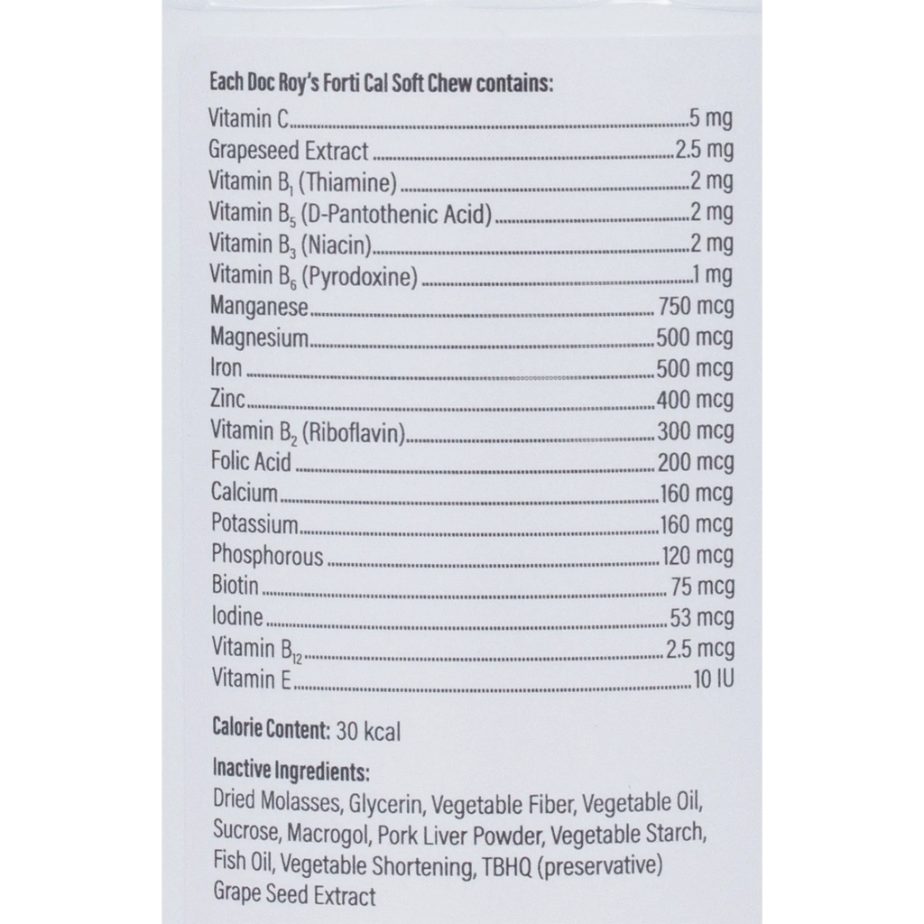 Doc Roy's® Forti Cal™,"Back label with supplement facts and ingredient list"